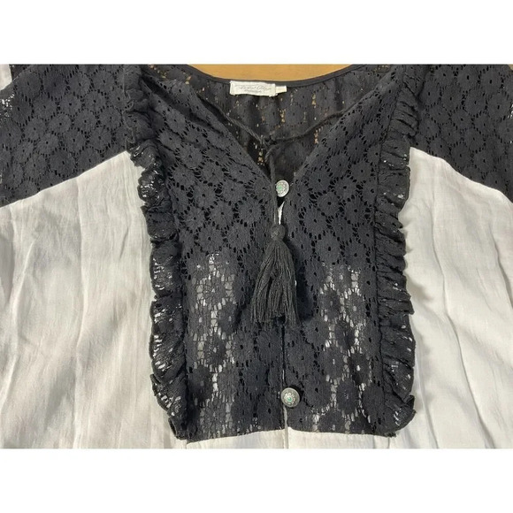 Tasha Polizzi Lace Trimmed V-Neck Loose Fit Sheer White Black Blouse - Picture 5 of 16